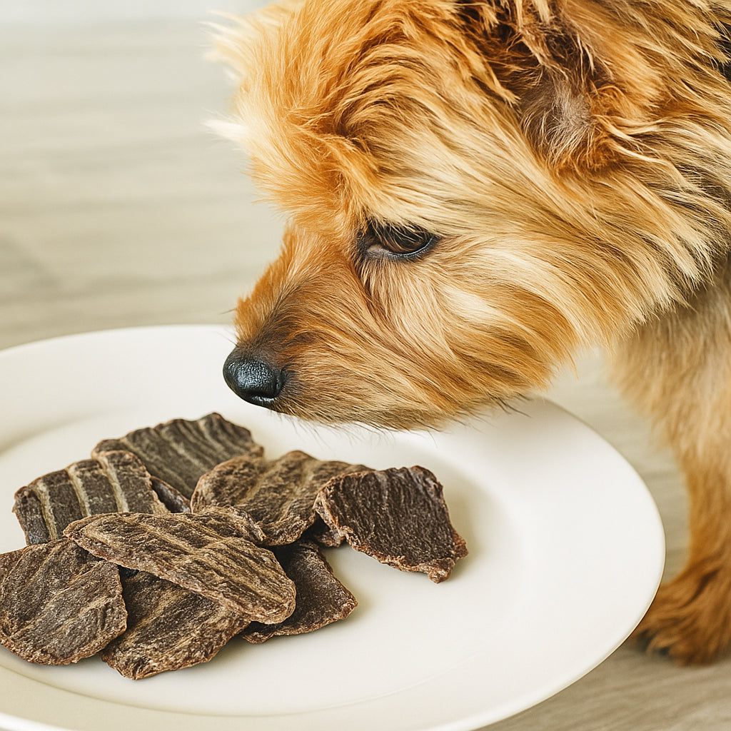 犬が犬用ジャーキーを食べている